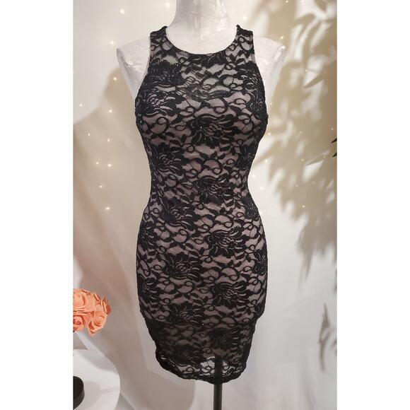 My Michelle Dresses & Skirts - Vtg My Michelle Lace Sparkle Sheer Overlay Open Back Bodycon Dress 3 Y2K Black